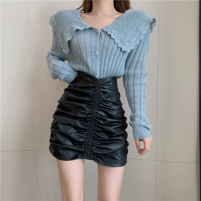 Черного цвета из искусственной кожи мини-юбки со складками Женская юбка-карандаш