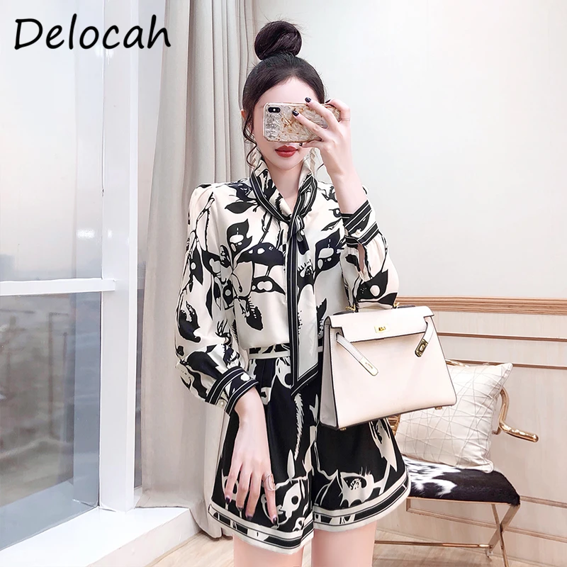 

Delocah New 2021 Summer Women Fashion Designer Shorts Set Lantern Sleeve Loose Blouses + High Waist Shorts 2 Two Pieces Suits