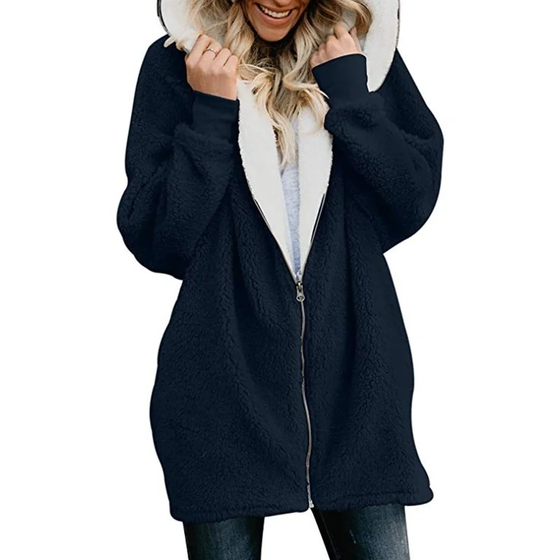 

Winter Plush Long Coats Women Zipper Loose Fluffy Hooded Sweatshirts Overcoat Female Warm Fleece Pocket Casual Hoodies Plus Size