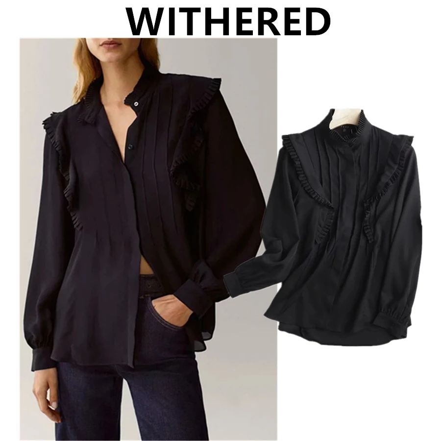 

Dave&Di Autumn England Style Fashion Elegant Solid Ruffles Pleated looss Blouse Women Blusas Mujer De Moda 2020 Shirt Tops