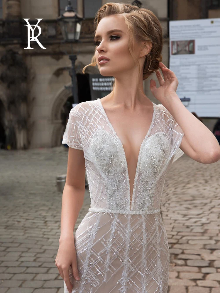 

YILIBER Mermaid wedding dress short sleeve v-neck lace tailing wedding gown sequins simple retrobridal dresses plus size