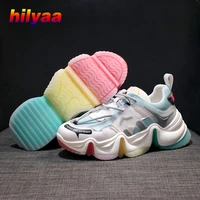 woman chunky sneakers fashion platform shoes for girls mixed colors pu lace up trainers thick sole female vulcanized sneakers