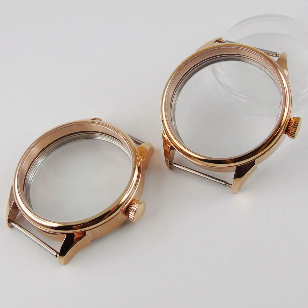 

42mm Manual Rose Gold Coated Polished/Brushed Watch Case for ETA 6497 6498 Hand Winding Movement Seeing Clear Back