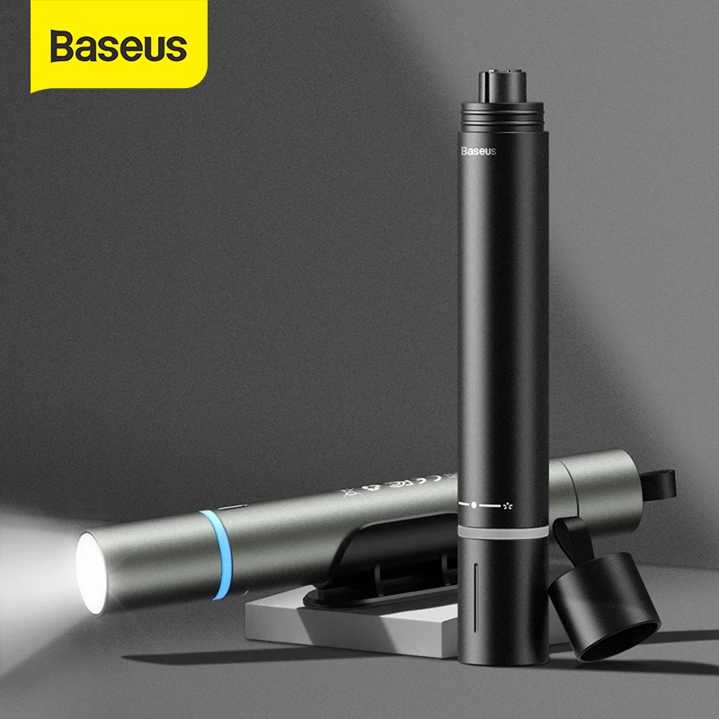 

Baseus LED Flashlight USB Rechargeable Waterproof Torch Camping Lantern Portable Car Safety Hammer Window Breaker Emergency Tool