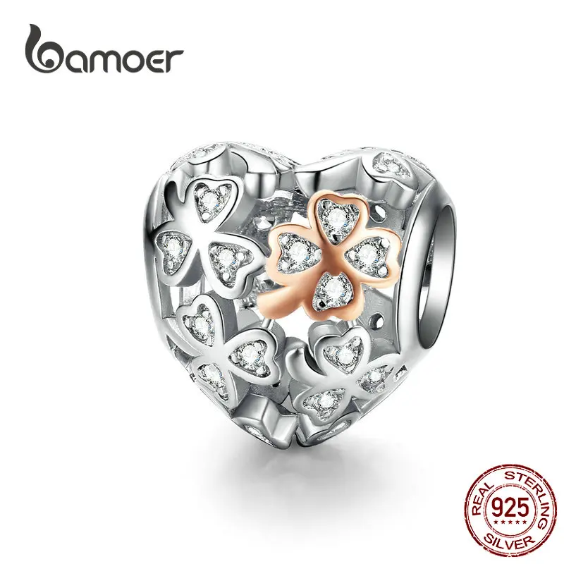 Bamoer Lucky Clover Шарм в форме сердца для женщин люксовый бренд браслет 3 мм розовое золото цвет 925 пробы серебряные ювелирные изделия SCC1248