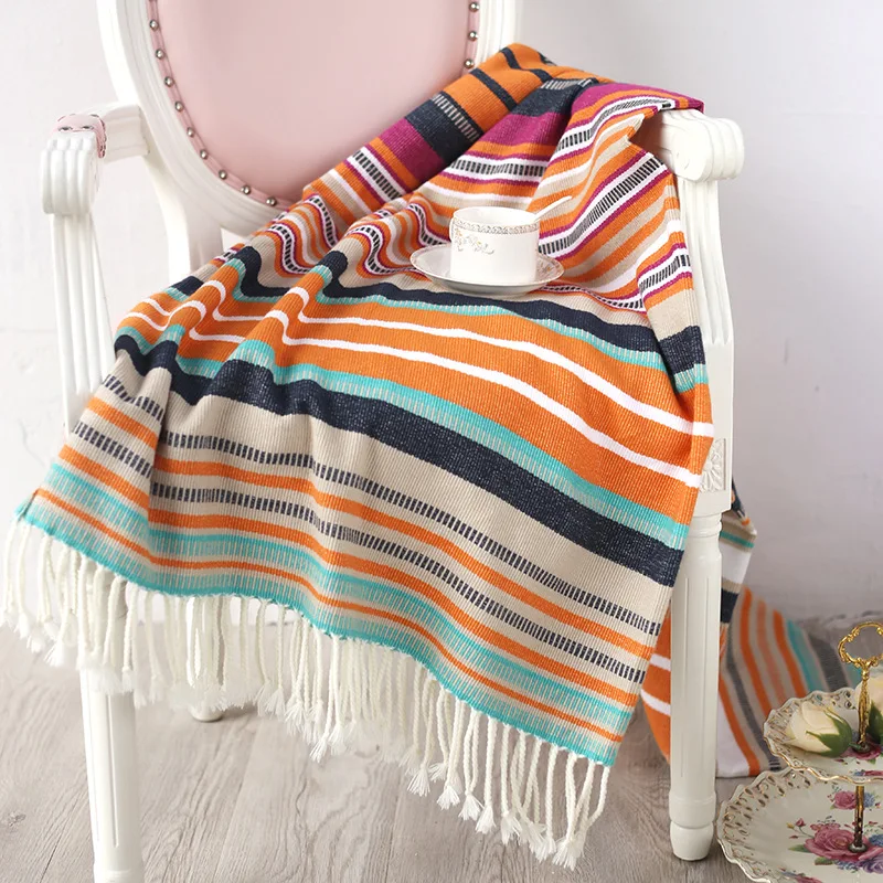 

Morocco Tassel knitted blanket stripes large shawl soft sofa leisure blanket boho office Nap air conditioning Bedspread