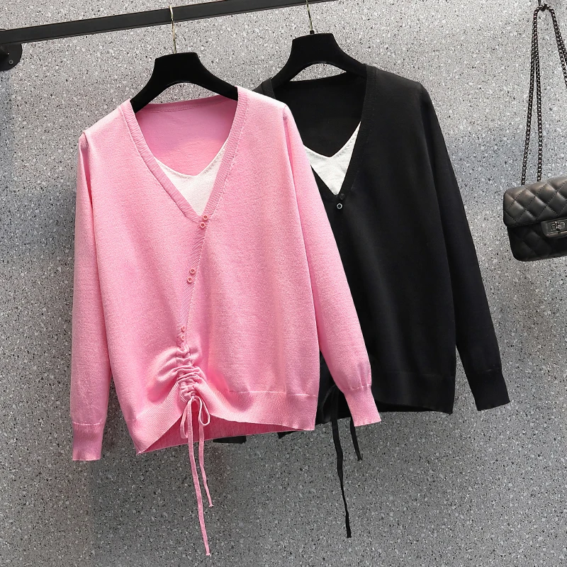 

Pink Black False Two Piece Plus Large Size Oversize Korean Style Fashion Pullovers For Women'S Ladies Sweater 2021 Clothes Tops