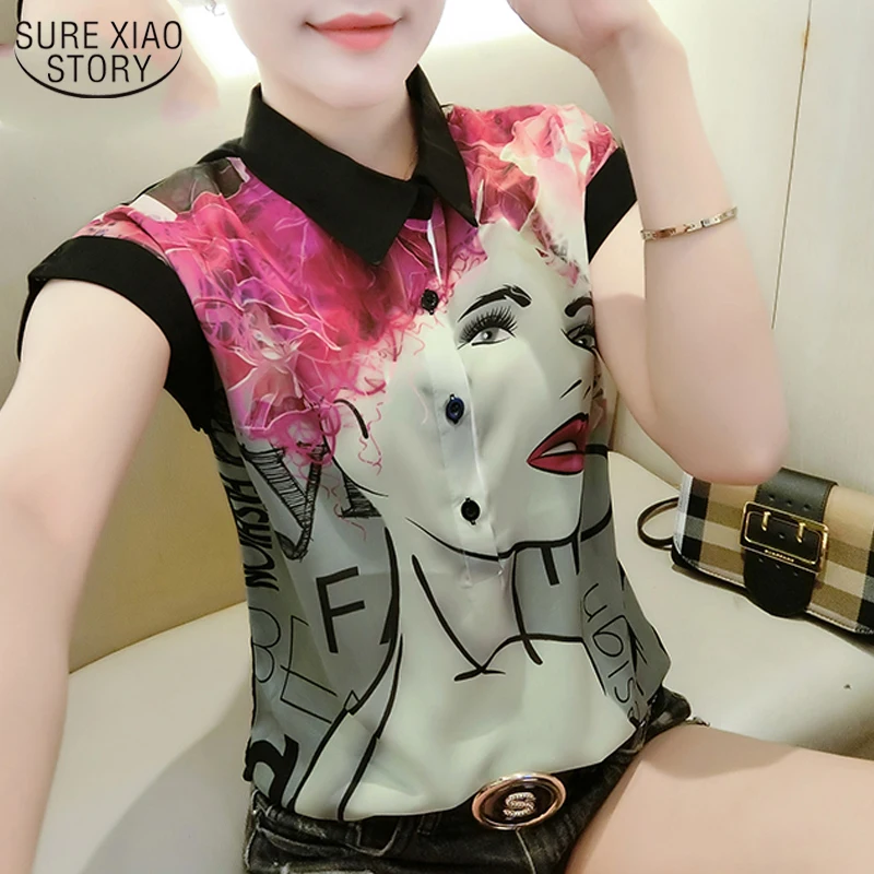 

2021 летняя шифоновая блузка с коротким рукавом и О-образным вырезом Свободный пуловер женские рубашки Новый Стиль Прохладный черный с принт...