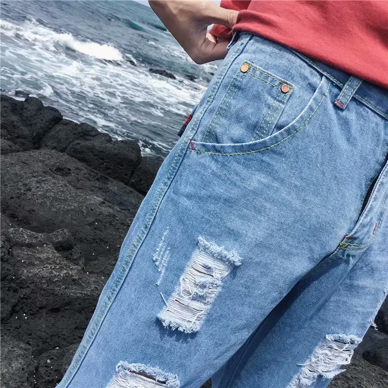 

New arrival 2020 spring autumn Casual hip hop harem teenagers light blue Knee cut hole ankle length pencil pants men 28-34