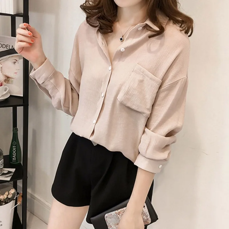 

Elegant Single-breasted Blouse Turn-down Collar Chiffon Shirt Women Vintage Blouse New Arrival