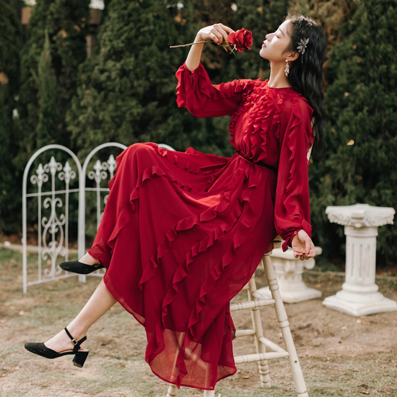 

Autumn Women dress High waist Vintage Red dress Long dresses Elegant Holiday Party dress Female bing 2020 HOT