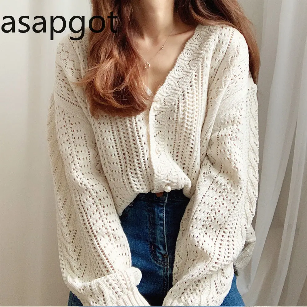 Korean Chic Vintage Hook Flower Lace Hollow Out Sweet Wild V Neck Full Puff Sleeve Cardigan Sweater Knitted Solid Loose Casual |