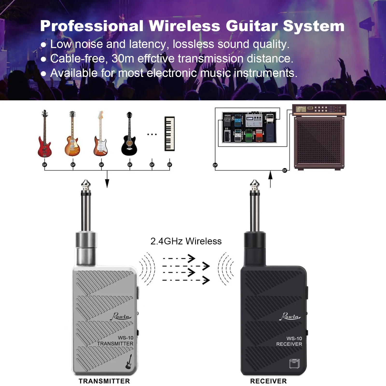 Беспроводной Перезаряжаемый гитарный приемник Rowin 2 4G беспроводная гитарная
