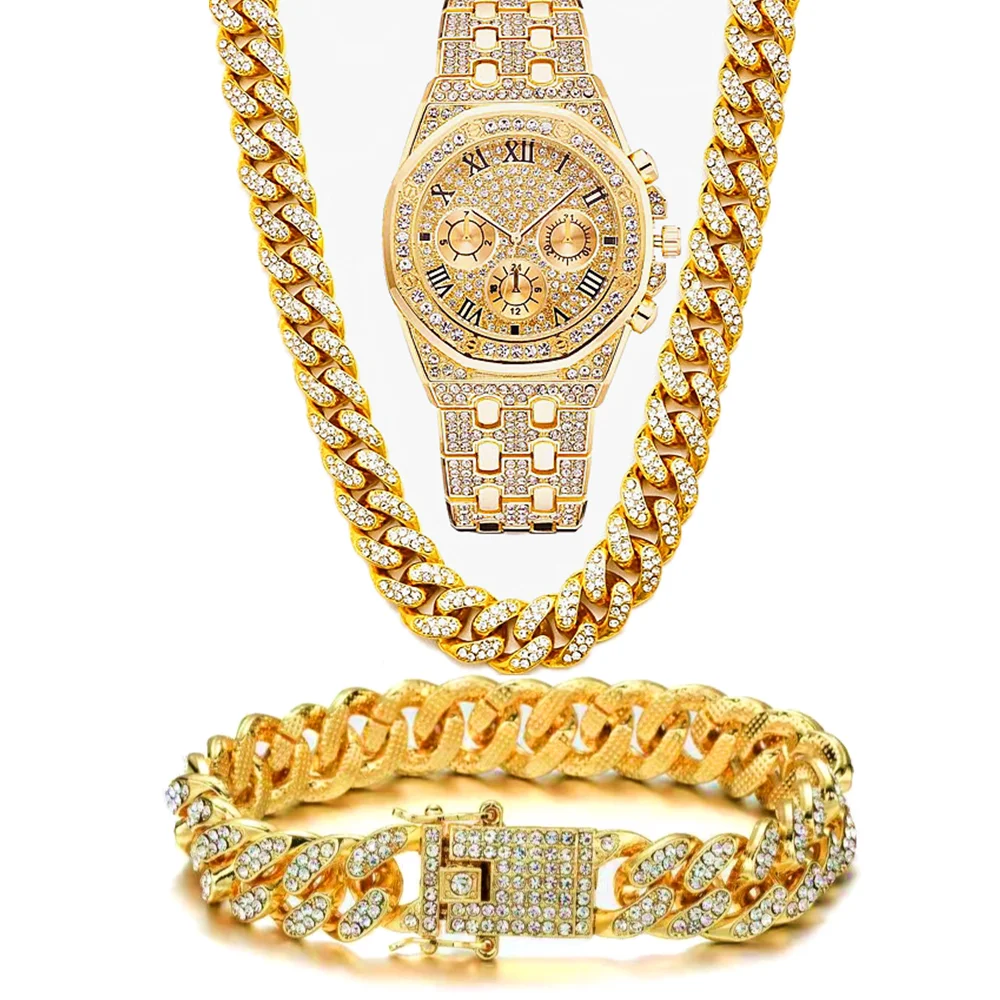 Luxury Iced Out Watch for Men Women Hip Hop Miami Bling CZ Cuban Chain Big Gold Chain Necklace Paved Rhinestones Men Jewelry Set full iced out watch mens cuban link chain bracelet necklace choker bling jewelry for men big gold chains hip hop men watch set