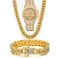 luxury iced out watch for men women hip hop miami bling cz cuban chain big gold chain necklace paved rhinestones men jewelry set
