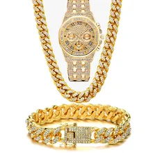 Jam Tangan Es Mewah untuk Pria Wanita Hip Hop Miami Bling CZ Rantai Kuba Kalung Rantai Emas Besar Set Perhiasan Pria Berlian Imitasi Beraspal