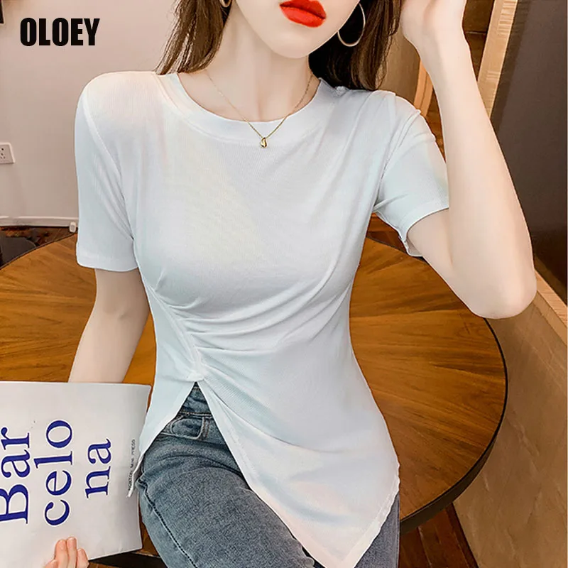 

2021 Summer New Design Of Irregular Pure Color Tee Casual Women'S Tops One-Piece Korean Side Slit Short Sleeve T-Shirt Female