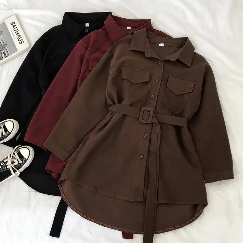 

Single-Breasted POLO Collar Shirt Women 2021Spring Autumn Chic Corduroy Loose Mid-Length Shirt Blaus Jacket Female Cardigan L225