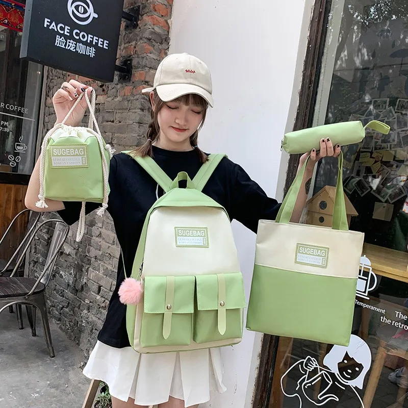 

4pcs set School Bag For Women Backpacks Canvas Cute Shoulder Bag For Teenagers Girls Student Kids Book Bag Mochilas