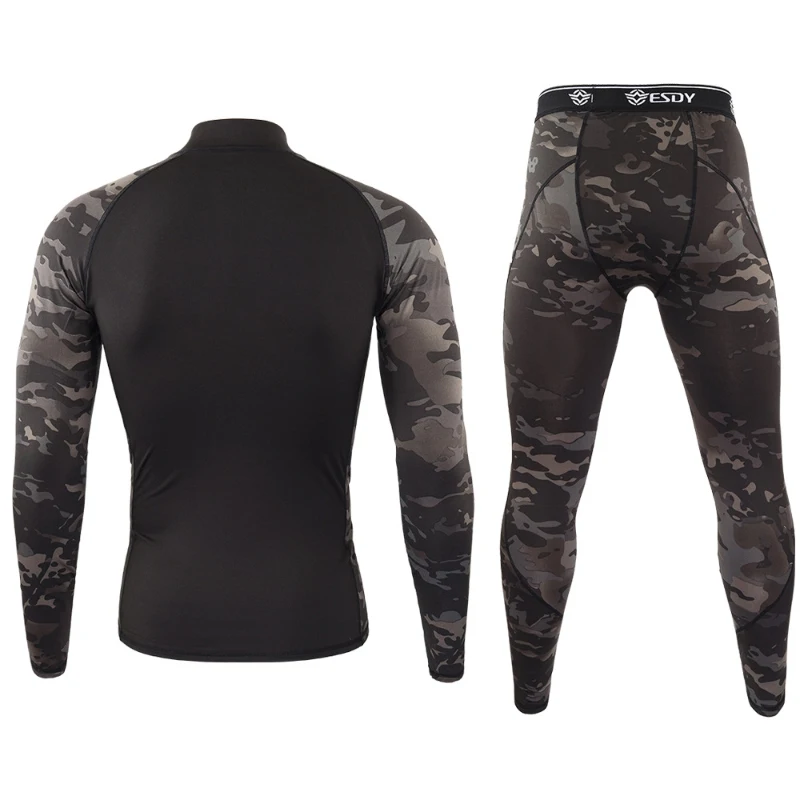 Tactical Camouflage Stitching Sleeve Tight  Physical Training Long-sleeved Suit Stretch Fleece Outdoor Sports Underwear