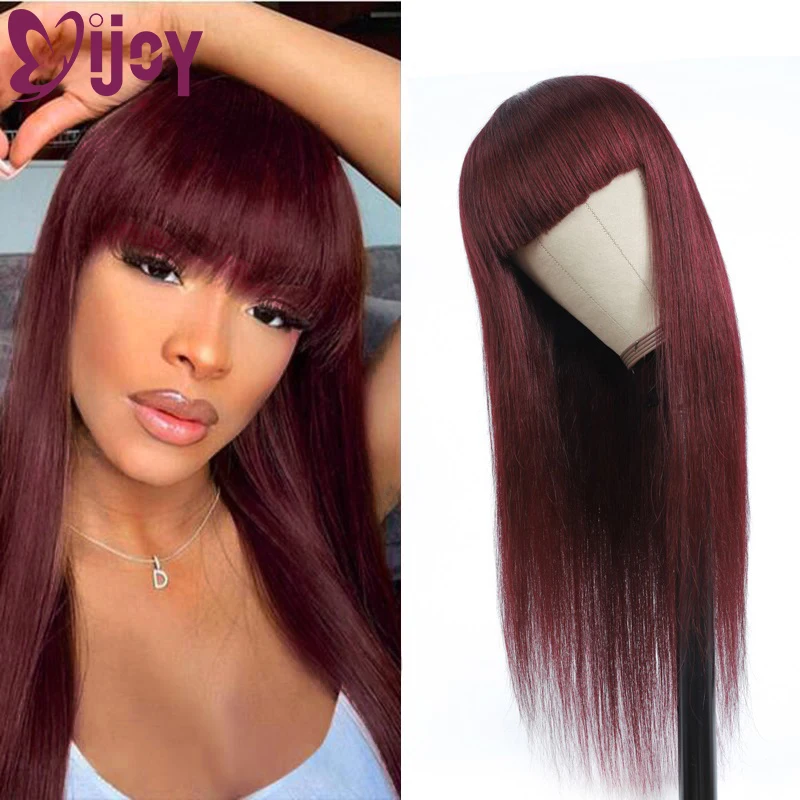 

99J/Burgundy Straight Human Hair Wigs With Bangs Brazilian Remy Full Machine Made Wig For Black Women 8-28 Inch Glueless Wig