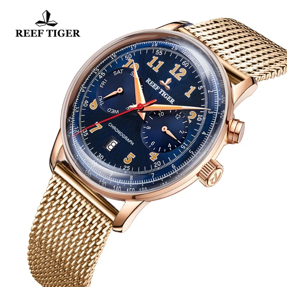 

Reef Tiger/RT Brand Blue Self Winding Mens Watch Date Day Stainless Steel Bracelet Classic Business Watch Heren Horloge RGA9122