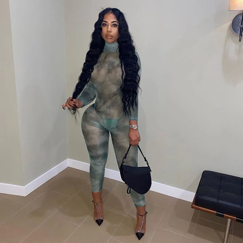 

Angjulie Elastic Bodycon Jumpsuit Women 2021 Fashion See Through Backless Lace Up Long Seleeves Skinny Stand Neck Sexy Clubwear