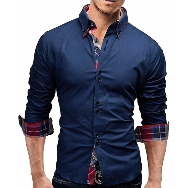 

Men Long-Sleeved Shirts Plaid Shirt Solid Color Shirt Male Business Casual Clothing