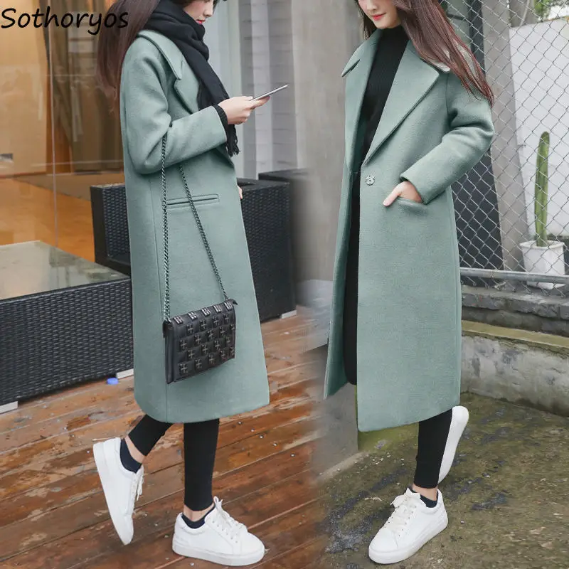 

Женское Однотонное шерстяное пальто с отложным воротником и карманами в Корейском стиле