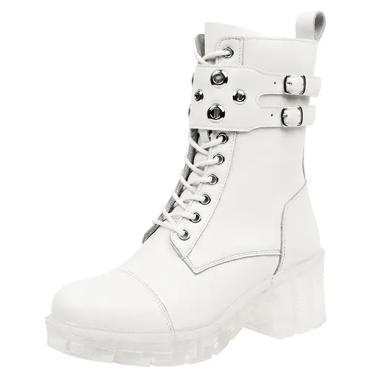 

ERRFC Hot Selling Ladies White Motorcycle Boots Round Toe Buckle Girls Trending Leisure Shoes For Women Mid Calf Size 35-40