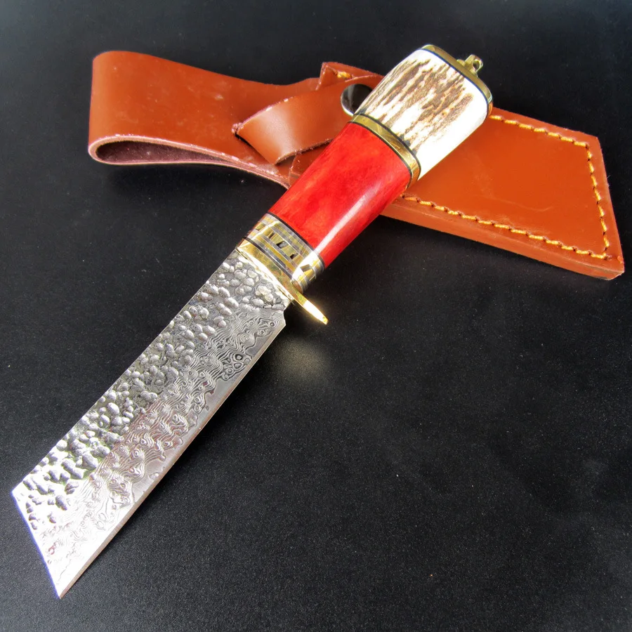 

Outdoor knives manual hunting knife flat head Damascus steel straight knife camel bone natural deerhorn forging steel knife