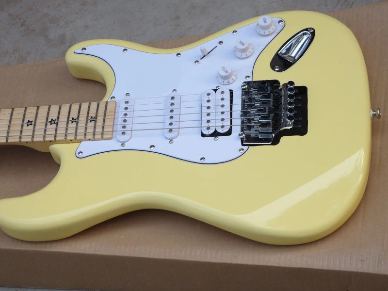 

Factory store yellow cream body SSH pickups F bridge star inlay neck fretboard ST 6 strings electric guitar guitarra