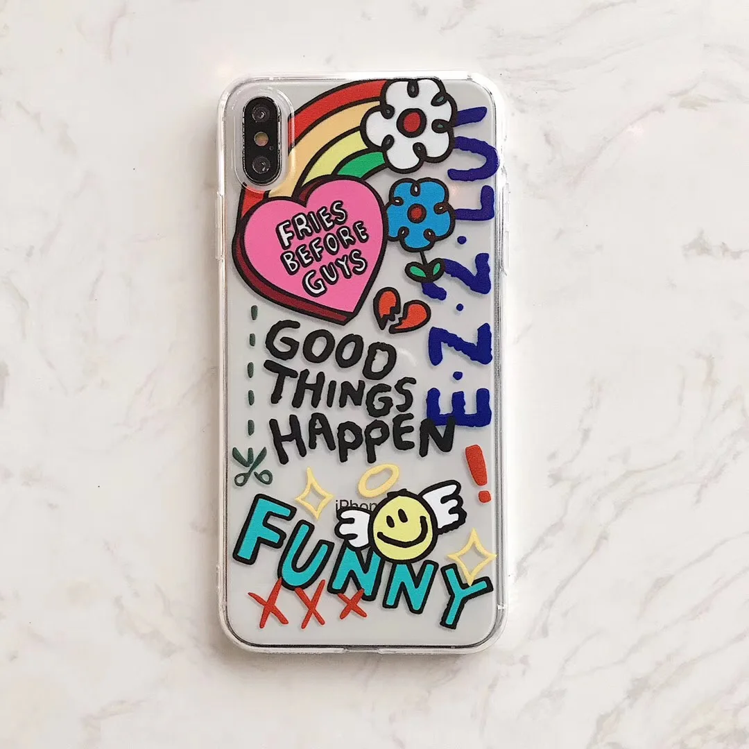 INS graffiti love rainbow flower letters phone case For iphone Xs MAX XR X 6 6s 7 8 plus funny clear soft TPU back Cover Coque |
