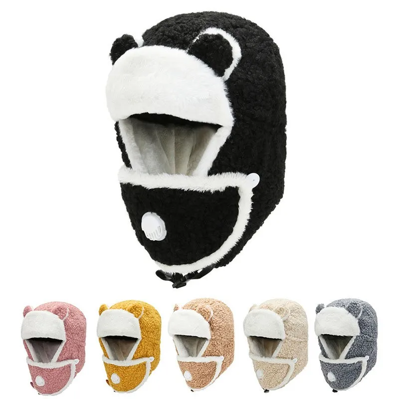 

Autumn and Winter Ladies Thick Warm Hat Outdoor Cold Bear Ear Protection Cotton Cap Bib Mask Integrated Riding Bomber Caps