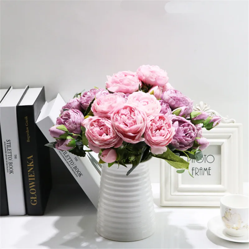 30cm Rose Pink Silk Peony Artificial Flowers Bouquet 5 Big Head and 4 Bud Cheap Fake for Home Wedding Decoration indoor | Дом и сад