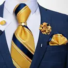 Галстук мужской, желтый, широкий, синий, Полосатый шелковый галстук, брошь, платок, запонки, кольцо, Свадебный галстук, галстук для официального платья, DiBanGu