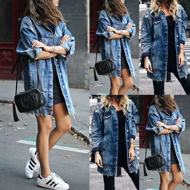 

Gothic Modis Women Long Ripped Denim Jacket Autumn Spring Coats Ladies Denim Ripped Hole Bule Coat Outwear Plus Size Mujer