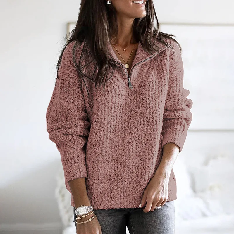 

Zipper Stand Collar Sweater Women's Loose Padded Long Sleeve Bottoming Shirt