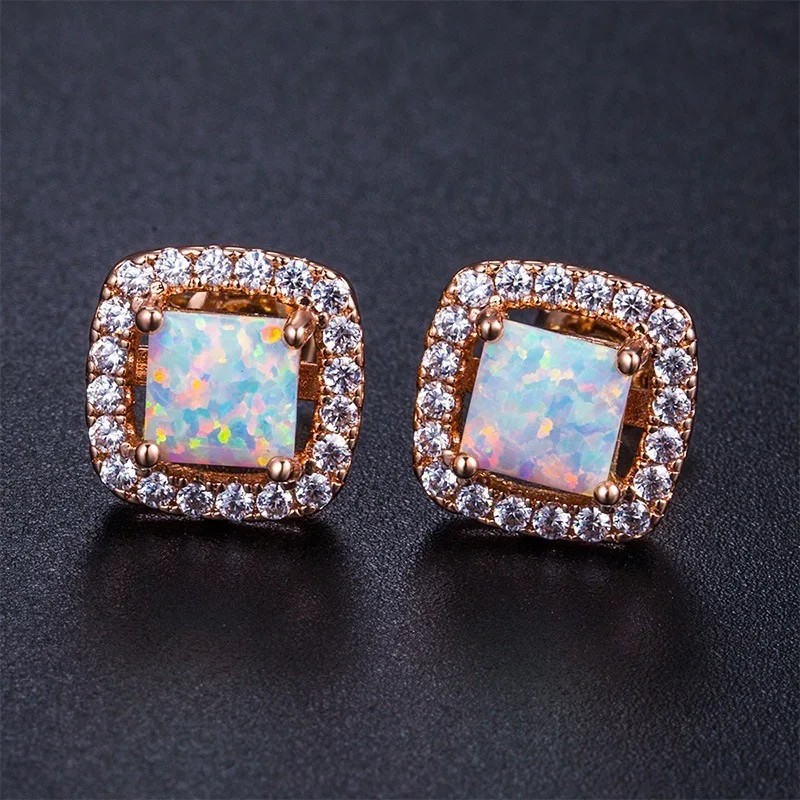 Модные женские большие серьги с кристаллами и белым опалом, розовое золото, классические квадратные серьги-гвоздики для женщин, винтажные корейские ювелирные изделия 2021