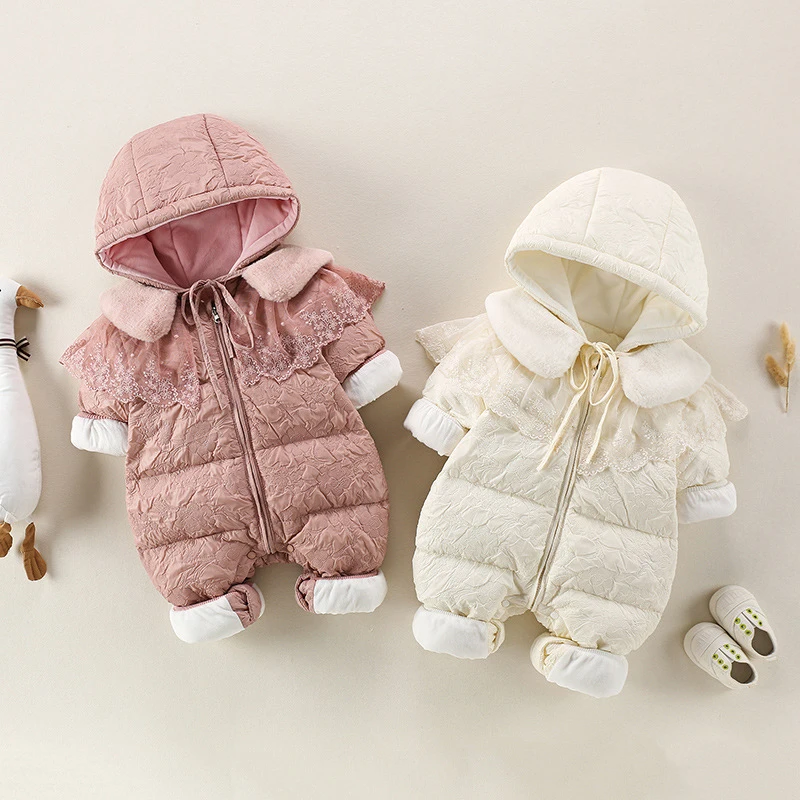 Cute Baby Girls Duck Down Filling Rompers Winter Infant Kids Sweet Lace Shawl Hooded Down Jumpsuit Thick Warm Children Clothes