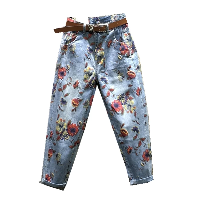 Flower Jeans Woman 2020 Spring New High-Waist Loose Harem Pants Personality Printed Denim Trousers Female Femme | Женская одежда