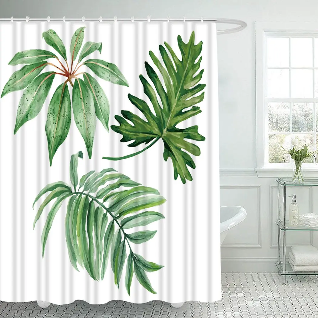 

Leaves Shower Curtain With Hooks for Bathroom Watercolor Leaf Waterproof Polyester Bath Shower Curtain Set Home Bathroom Decor