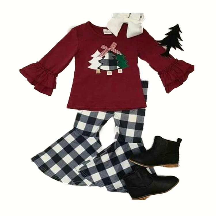 

Girls autumn boutique Plaid Set Christmas tree embroidery set little girl set red 20