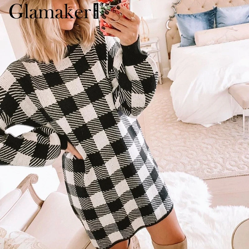 Glamaker вязаное клетчатое мини-платье с длинными рукавами и фонариками женское Элегантное повседневное облегающее платье Осенняя коллекция зимнее винтажное офисное женское платье