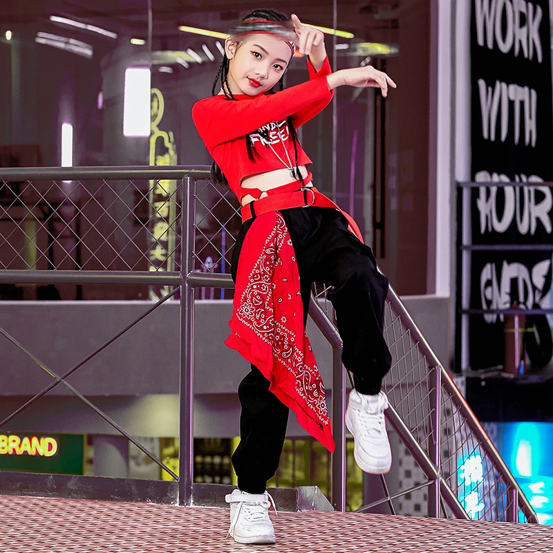 

Custom Logo Costume Jazz Dancing Costumes Kids Hip Hop Street Clothes Long Sleeves Girls Black Hip Hop Pants Performance Dress