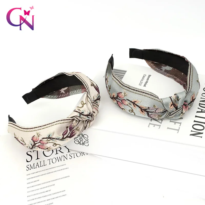 

CN Embroidered Flower Hair Bands For Women Girls Top Knot Hair Bow Headband HeadWrap Fashion Hair Accessories