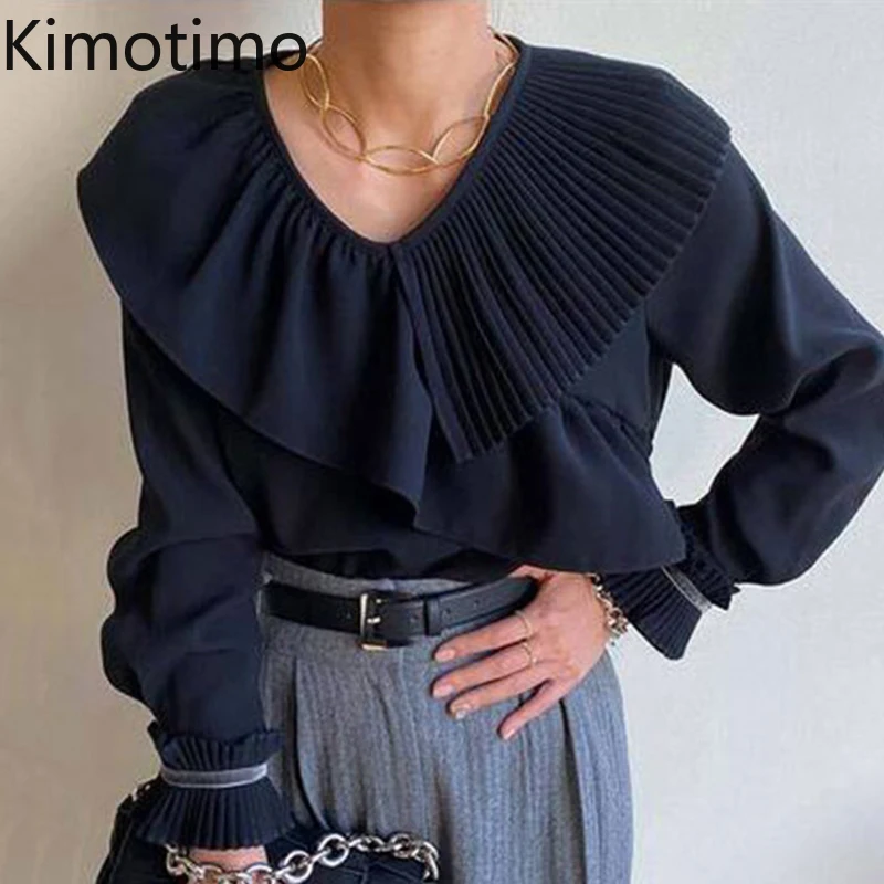 

Kimotimo Long Sleeve Korean Shirt Tops Ruffle Turn-down Collar Blouse Office Ladies Shirts Elegant Pullover Sweet Casual Blusas