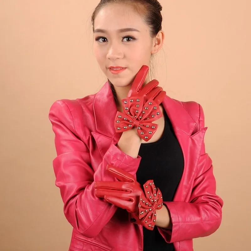 Женские Мотоциклетные Перчатки из ПУ кожи с заклепками и бантом|Женские