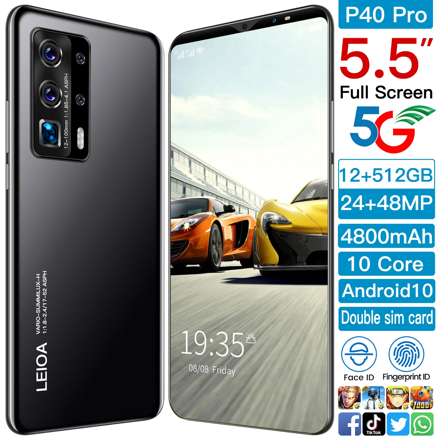 Мобильный телефон P40 Pro 2021 дюйма сканер отпечатков пальцев и лица 5 мАч Android 4800 две