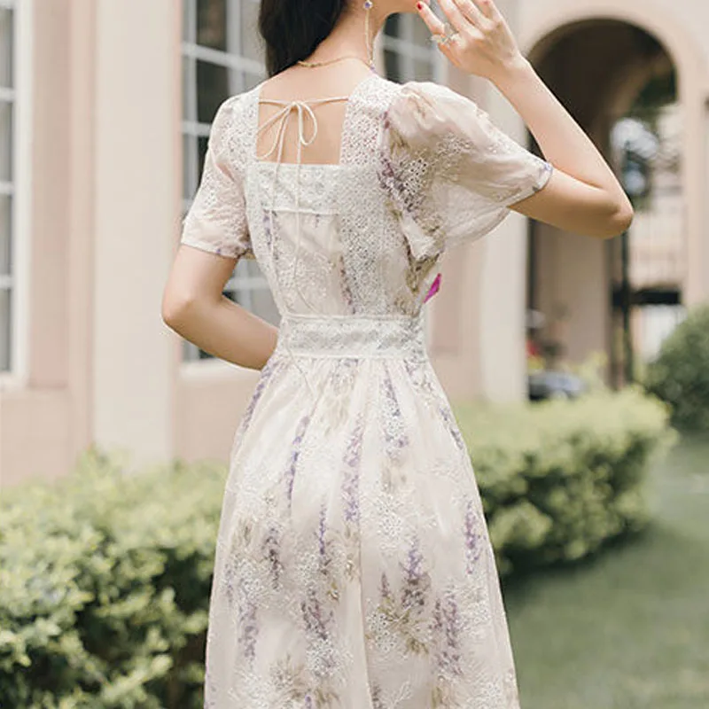 

Sweet Vintage Midi Dress Korean Female Evening Party Chic One Piece Dresses Women Casual Short Sleeve Elegant Lace Foral Dress